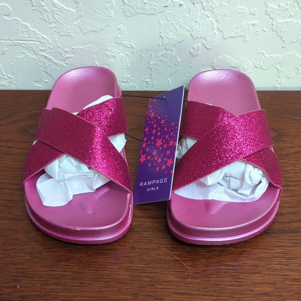 Rampage Fuschia Glitter Criss Cross Flat Slide Sandals Size 13/1
